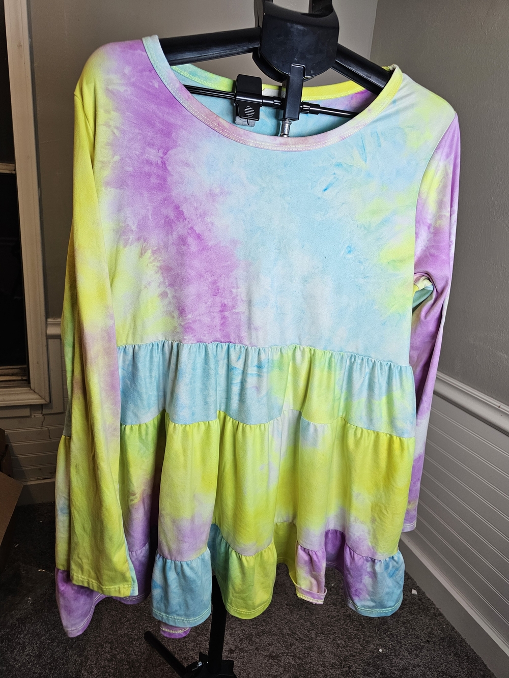 ODDY Pastel Tie-Dye Ruffle-Hem Long Sleeve Tunic - Pink, Blue, Yellow Super Soft